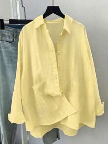 Blusa casual holgada de manga larga de poliéster con bolsillo, unicolor, talla grande para mujer - Amarillo - Ver 5