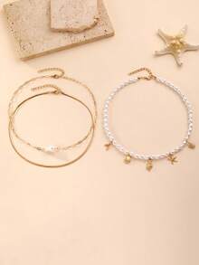 3piezas/Set Collar con Colgante de Estrellas de Mar, Conchas y Peces Estilo Bohemio Oceánico, Accesorio Diario para Adolescentes en Vacaciones - Multicolor - Ver 3