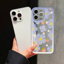 1pc Fashionable Light Purple & White Border Fresh Strawberry Purple Floral Pattern Transparent Phone Case, Glossy Painted Print, Smooth Surface, Compatible With IPhone 17 16 15 14 13 12 11 Pro Max/ S25 Ultra S24 Ultra S23 Ultra, Anti-Drop Anti-Fingerprint - Clear - View 1