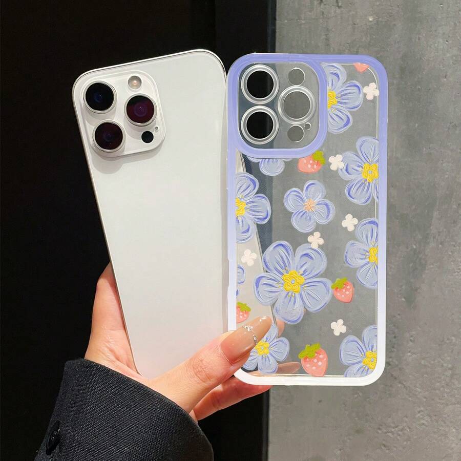 1pc Fashionable Light Purple & White Border Fresh Strawberry Purple Floral Pattern Transparent Phone Case, Glossy Painted Print, Smooth Surface, Compatible With IPhone 17 16 15 14 13 12 11 Pro Max/ S25 Ultra S24 Ultra S23 Ultra, Anti-Drop Anti-Fingerprint - Clear - View 1