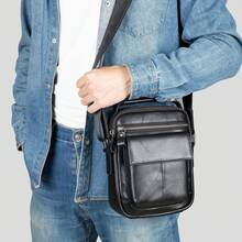 Nueva bandolera de cuero genuino para hombre, bolso cruzado hecho de cuero de vaca de primera calidad, bolso de hombro para hombre de gran capacidad. - Negro - Ver 6