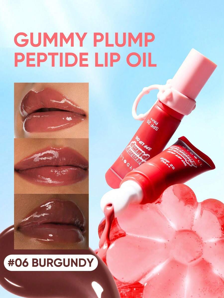 JUDYDOLL GUMMY PLUMP PEPTIDE LIP OIL, Minyak Bibir Ringan dan Alami yang Mencerahkan, Esensial untuk Tampilan Tanpa Riasan, Rahasia Kencan Malam, Efek Cermin yang Mengisi Bibir, Melembapkan Tahan Lama dan Tidak Pudar - #06BURGUNDY - View 1