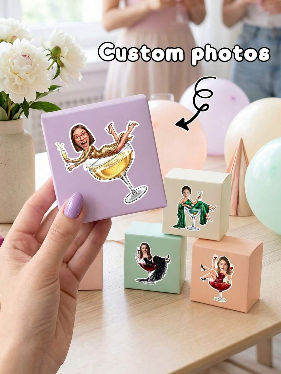 10/20/40pcs Customized Photo Cocktail Girl Stickers, Humorous Girl In Wine Glass Decals, Personalized Stickers For Bridal Shower, Girls Night Out Party Favors, Gift Wrapping, Party Decoration - Multicolor - View 1
