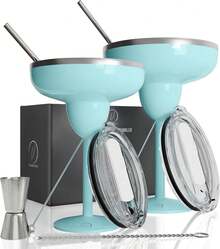 Set Of 2 Cream-Colored Margarita Glasses Made Of Insulated Stainless Steel With Lids, Shatterproof And Vacuum-Sealed. Ideal As A Mother's Day Gift. - 黑色 - 查看 1