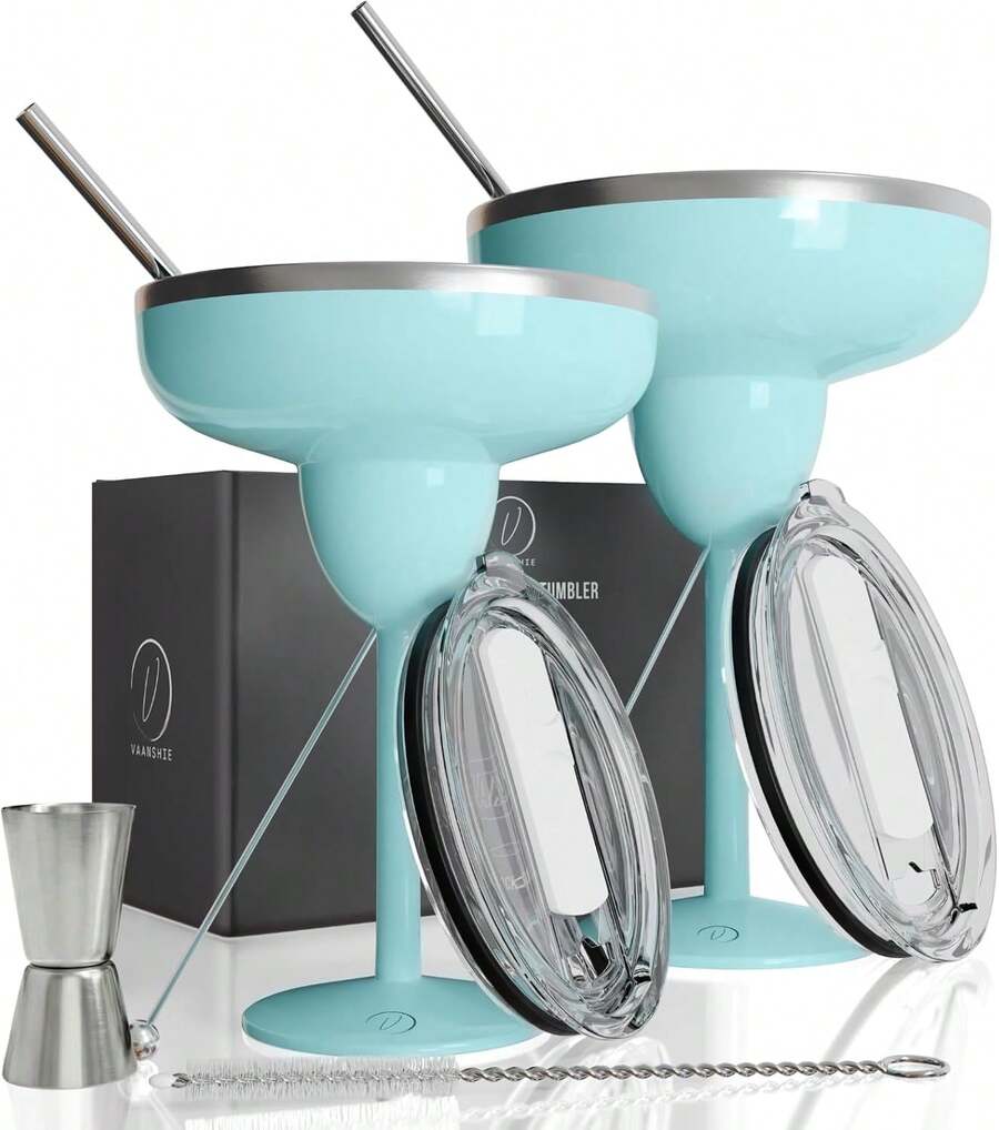 Set Of 2 Cream-Colored Margarita Glasses Made Of Insulated Stainless Steel With Lids, Shatterproof And Vacuum-Sealed. Ideal As A Mother's Day Gift. - 黑色 - 查看 1