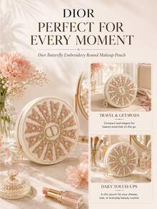 Dior Butterfly Embroidered Round Makeup Bag 15cm, Lightweight Mesh Material, Exquisite Pink Butterfly Embroidery, Suitable For Storing Small Items, Perfect For Personal Use Or Gifting - Pink - View 9
