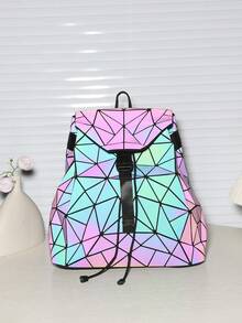 New Colorful Geometric Glow-In-The-Dark Backpack, Diamond Pattern Large Capacity Gradient Travel School Bag, Fashion Minimalist Backpack, Unisex Exquisite Small Backpack, Color-Changing Under Different Light Intensities - Dark Wash - View 13