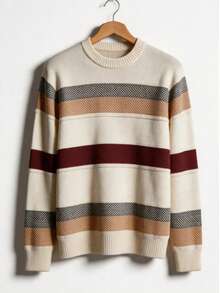 Men's Knitted Sweater, Round Neck, Long Sleeves, Premium Wool, Basic And Comfortable Winter Clothing - Listra Bege - 查看 3