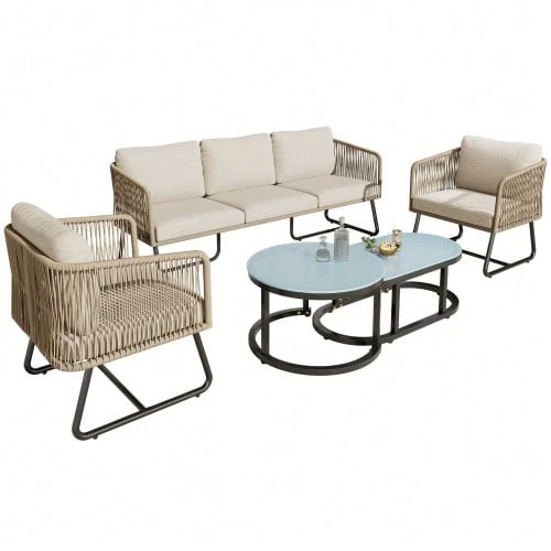 Garden Lounge Set With Galvanized Iron Frame, Grey Rope Garden Furniture, Adjustable Feet, Smooth Glass Tabletop, 5-Piece Set, Including All Seat And Back Cushions. - Beige - View 1