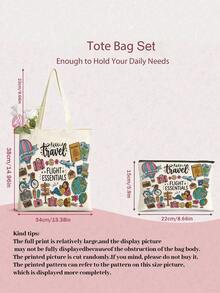 2pcs Cartoon Print Canvas Tote Bag Set, Large Travel Shoulder Bag With Mini Zipper Makeup Bag, Reusable Handbag For Vacation And Flight - Beige - View 4