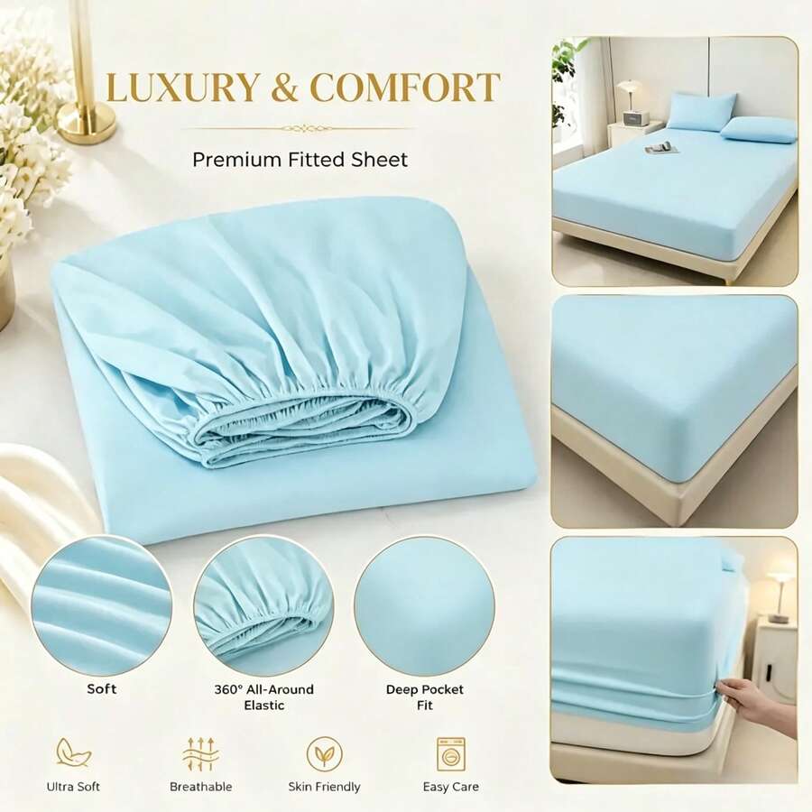 1pc Ultra Soft Breathable Solid Color Fitted Sheet, Dorm Bedding, Comfortable Sleep, Lightweight And Elegant, Cloud-Like Soft Touch, Deep Pocket Fitted Sheet, Suitable For Twin, Full, Queen, King And Other Bed Sizes, Mattress Cover, Back To School, Machine Washable, Room Decor, Also Can Be Given As A Gift - Baby Blue - View 1