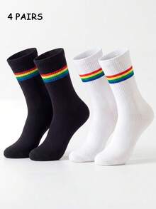 2/4 Pairs Unisex Classic Rainbow Striped Breathable Soft Mid-Calf Socks, Casual Sports Versatile, Suitable For Gifts, All Season - Multicolor - View 11