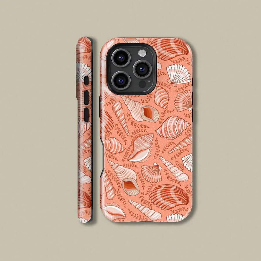 Watermelon Red Background With Conch Fossil Pattern Floral Design Cover For IPhone 17 16 15 14 13 12 11 Pro Max, Floral Cover For Samsung S21 S22 S23 S24 S25 Ultra Case - 堅固光滑的手機殼 - 查看 1