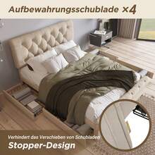 Flieks Double Bed Upholstered Bed 140x200cm, Bed Frame With 4 Drawers And Height-Adjustable Headboard, Chesterfield Functional Bed, Natural, Without Mattress - Apricot - View 5