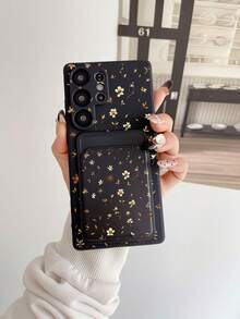Pure Android Series 1pc Black TPU Vintage Soft Style Brown & Yellow Floral Pattern Card Slot 2-In-1 Card Holder Phone Case, Fashionable Personalized Versatile, Full Coverage Protection Dustproof Waterproof Soft Shell Suitable For Versatile Phone Case/Card Holder Phone Case/Interesting Phone Case/Android Phone Case Compatible With Galaxy/Galaxy S26 S25 S24 - Multicolor - View 1