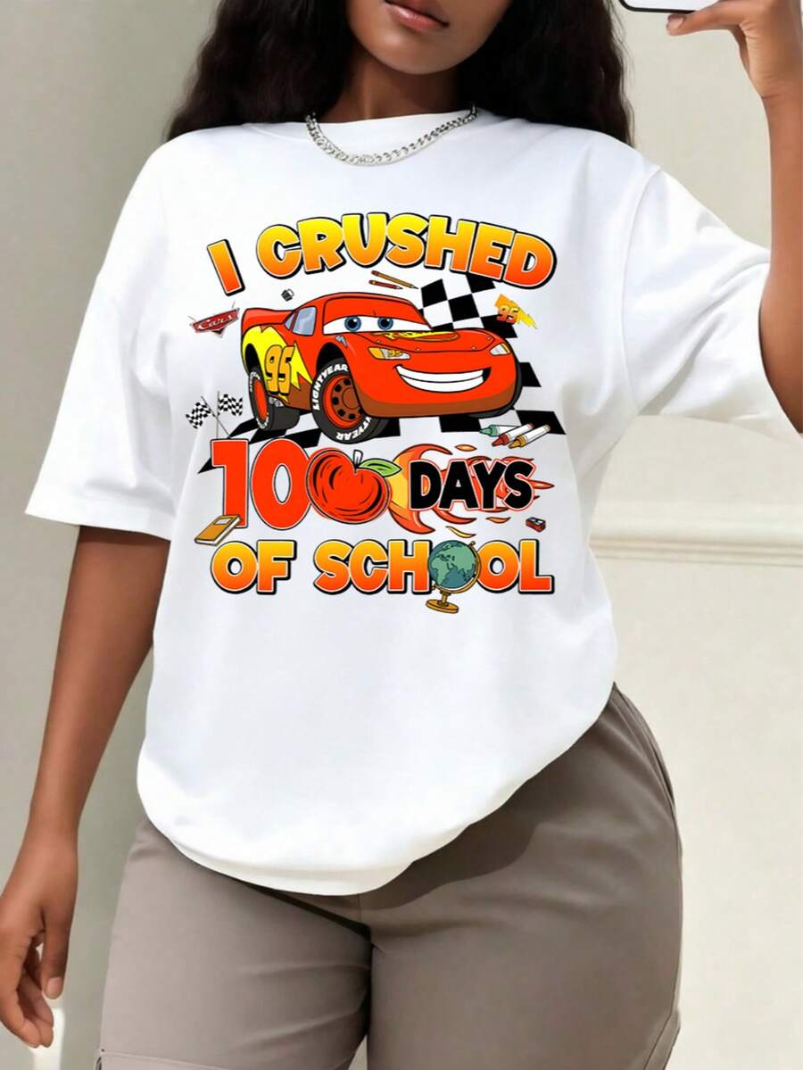 Disney Summer Ladies: I've Amazingly Completed 100 Days Of School! Lightning McQueen Racing Casual Short-Sleeve Cotton School Uniform T-Shirt - 白色 - 查看 1