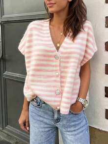 Áo khoác cardigan len dệt kim cổ V phong cách Pháp Ins họa tiết kẻ sọc, thiết kế nút đính đá, phù hợp đi làm, mặc thường ngày, đi chơi ngày lễ - Hồng - Xem 1