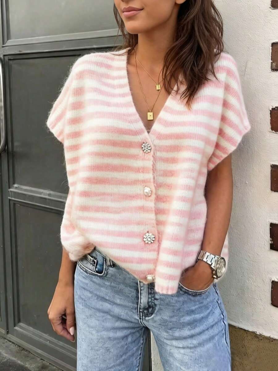 Áo khoác cardigan len dệt kim cổ V phong cách Pháp Ins họa tiết kẻ sọc, thiết kế nút đính đá, phù hợp đi làm, mặc thường ngày, đi chơi ngày lễ - Hồng - Xem 1