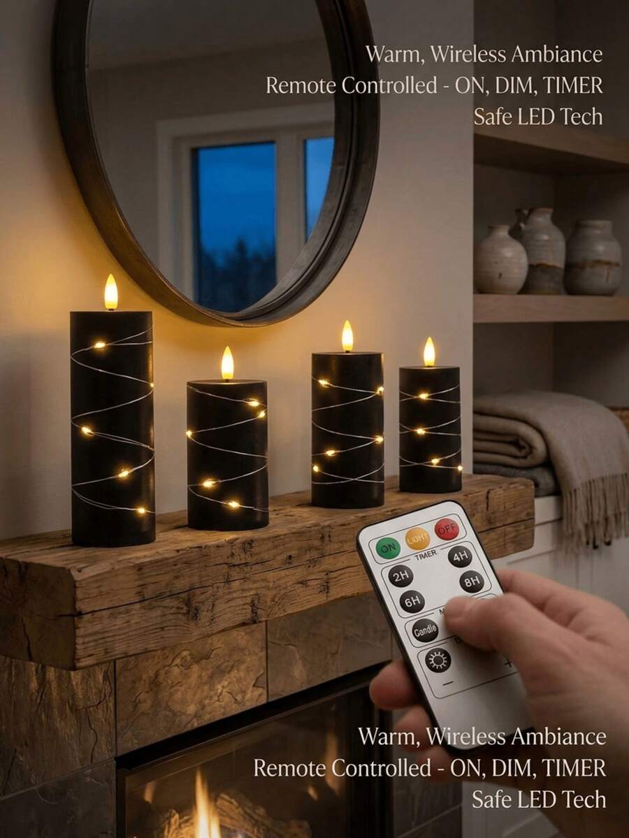 Flameless Flickering Candle Remote Control Set 2.2in X 4in 5in 6in 7in Black Candles With Timer, 4pcs LED Battery Powered Simulated Warm Light Cylindrical Candles, Remote Control Function, Designer Style Large Black Remote Control (Batteries Not Included) - Warm Black Light - View 1