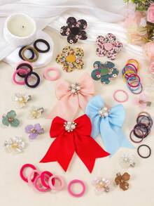 178pcs Vintage Atmosphere Girls Hair Accessories Set, Pearl Rhinestone Solid Color Hair Clips, Pearl Ditsy Floral Flower Hairpins, Shiny 3D Clover Alligator Hair Clips, Side Clips, High Elasticity Towel Scrunchies, Thin Hair Ties, Daily Match Party Headwear - Multicolor - View 6