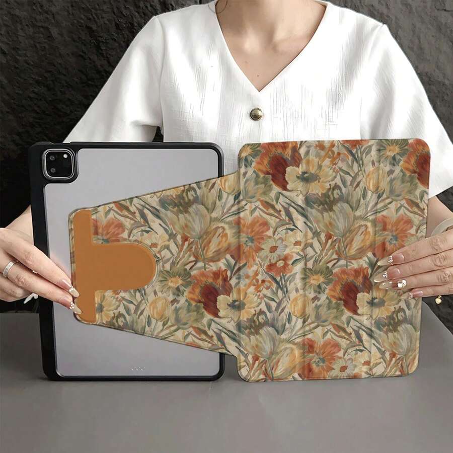 復古油畫花卉印花平板保護殼,附筆槽,自動休眠/喚醒功能,相容 iPad 11(A16 2025)、5/5PRO/6/6PRO/7/7PRO、Matepad、Honor Pad - 彩色 - 查看 1