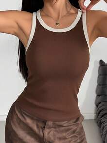 1pc Women's Basic Minimalist Casual Contrast Trim Ribbed Knit Tank Top, Round Neck Sleeveless Slim Fit Brown Camisole - Coffee Brown - View 3