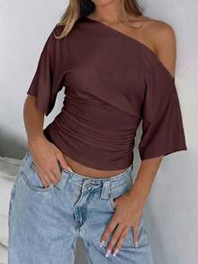 Vaiaye Women's Loose Y2K Style Round Neck Casual T-Shirt, Solid Color Minimalist Off-Shoulder Fitted Top, Spring/Summer Short Sleeve T-Shirt Brown - Brown - View 10