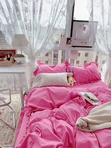 Set Sprei Lembut Ramah Kulit 3pcs Warna Merah Mawar Krem Gaya Feminin dengan Pinggiran Bergelombang, 3 Buah (1*Sprei + 2*Sarung Bantal), Cocok Untuk Kamar Tidur, Kamar Tamu, Semua Musim, Dapat Dicuci dengan Mesin - Rose Red - View 4