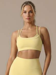 Bra Olahraga Wanita Model Halter Neck dengan Banyak Tali Bahu yang Dapat Diatur dan Lapisan Ganda di Bagian Belakang untuk Yoga dan Kebugaran, Warna Kuning - Kuning - View 3
