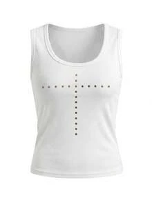 Atasan Crop Tanpa Lengan Model U-Neck dengan Hiasan Berlian Imitasi, Tank Top Cokelat Gaya Amerika Vintage Lusuh untuk Musim Panas Kasual Putih - Putih - View 6