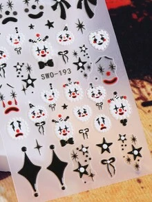 5D Cartoon Clown Nail Sticker 2pcs Black White Funny Clown Expression Star Heart Bow Spiral Line Design DIY Y2K Gothic Autumn Winter Halloween Festival Theme Self-Adhesive Decal Slider Nail Art Decoration Nail Supplies - Multicolor - View 6