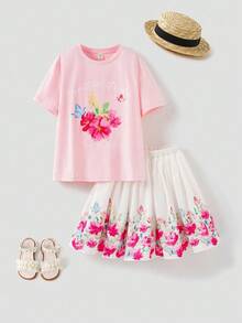 Graphic T-Shirt And Skirt Set, Summer Vacation Holiday Casual Outfit For Parties & Gatherings, Boy's Outfits, Size 23, Boy's Suit, Girl's T-Shirt Set, Women's Outfits, Clothing QWYJ - 粉色 - 查看 1
