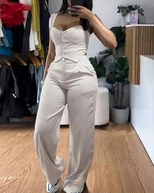 New Women's European And American Style Outfit, Fitted Crop Top With Straps And Wide-Leg Pants, Elegant And Casual Look For Curvy Women - 象牙白 - 查看 4