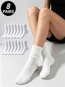 8 Pares de Meias Brancas Unissex Estilo Slouch, Meias Versáteis de Cano Médio Estilo Escolar Japonês, Alta Elasticidade Sem Aperto e Antiderrapante, Uso Duradouro Sem Escorregar, Adequadas para Esportes e Uso Diário - Meias de Cor Sólida Laváveis à Mão, Adequadas para Treinamento e Casual - Multicolorido - Visão 1