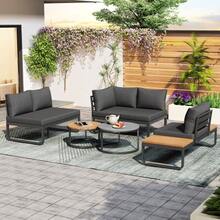 Garden Furniture Set (4-5 Seats), 2 Stackable Coffee Tables, Galvanized Iron Frame, Comfortable Garden Furniture, Grey Seat Cushions And Pillows Included, Adjustable Feet - Grey - View 4