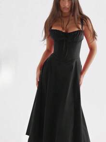 Sexy Women Midi Dress, Corset Bustier Spaghetti Strap Summer Dress With Slit, Floral/Plain Sundress For Vacation Beach Outfit, Party, & Casual Wear - 黑色 - 查看 3