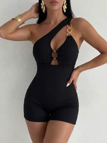 Sexy Fashion Versatile One Shoulder Hollow Out Ribbed Jumpsuit With Metal Decor, New Arrival Spring/Summer Black - Black - View 3