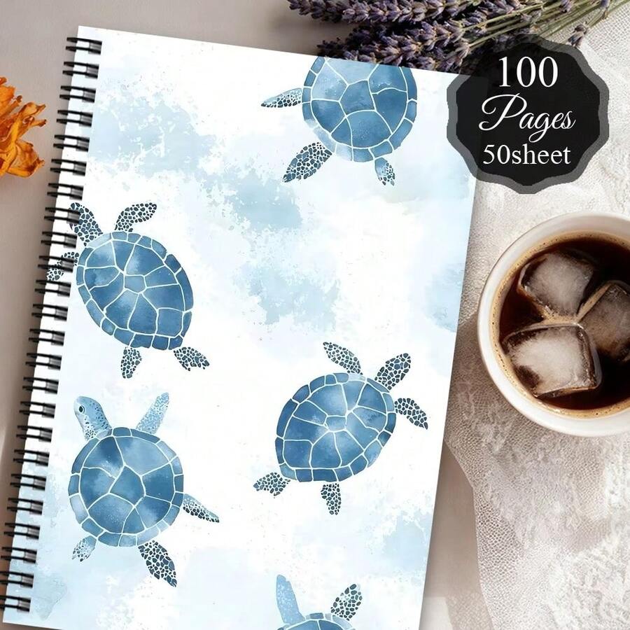 1pc Aesthetic Marine Animals Notebook , Voyage Diary Spiral Notebook Travel Journal Funny Floral Office Planner Ocean Learning Plan Notepads Birthday Present Guestbook Gift For Woman Friend The Main Subjects Are Several Blue-Hued School Supplies - H - View 1
