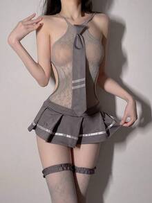性感内衣甜美JK制服极简性感角色扮演服装套装 - 淺灰色 - 查看 4