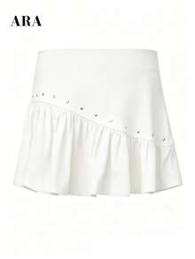 ARA CHIC Women's Cream White Rivet Ruffle Mini Skirt Low Waist A-Line Skirt Daily Street Style Summer New - White - View 10