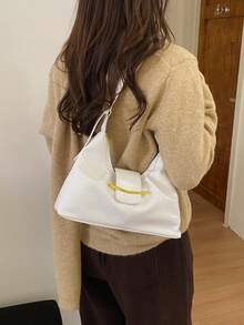 Fashionable Minimalist Retro Handbag, Modern Unique Pleated Design Crossbody Bag; Simple Versatile Solid Color Commuter Style Shoulder Bag - White - View 3