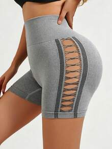 Women's High Waist Shaping Panties Tummy Control Butt Lift Grey Cycling Shorts Side Hollow Design - Grey - View 1