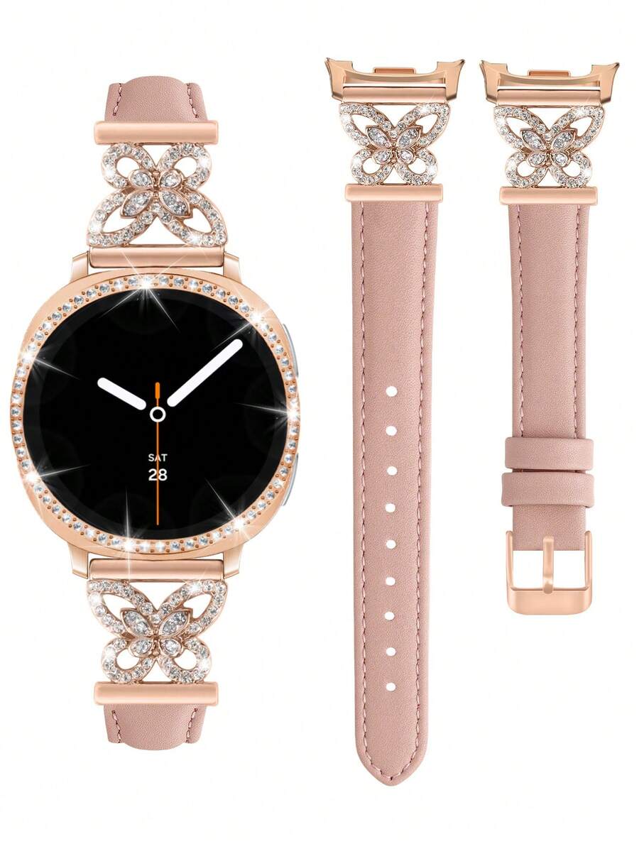 Galaxy Watch 8 手錶錶帶 + 錶殼，1件粉色女士珠寶鑲嵌人造鋯石金屬優雅錶帶 + 1件亮面款（不含螢幕保護貼），適用 Galaxy Watch 8 40mm 與 44mm 錶殼，適用 Galaxy Watch 8 錶帶，可調節替換錶帶配件，適合男女運動手錶錶帶