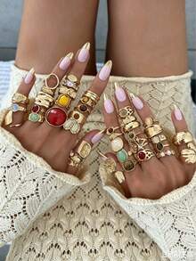 Random 6pcs/9pcs/12pcs/23pcs Minimalist Fashion Elegant Exaggerated Old Money Style Faux Gemstone Heart Asymmetric Ring Set For Women, Dating, Vacation, Daily Wear, Party, Anniversary, Holiday Gift - Yellow Gold - View 2