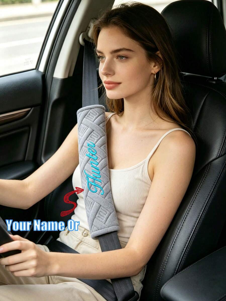 1pc Personalized Embroidered Name Car Seat Belt Shoulder Pad, Car Accessory, Universal Fit Seat Belt Cushion For Comfortable Driving, Plush Car Shoulder Pad With Embroidery, Protects Neck And Shoulders, Suitable For Sedan, Truck, SUV, Car Decoration Accessory - Multicolor - View 1