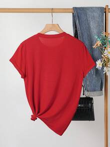 Elegant Watercolor Floral Print T-Shirt + Short Sleeves + Round Neck + Casual Spring And Summer Clothing For Women - 紅色 - 查看 2