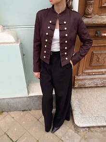 2026 Autumn New Women's Stand Collar Double-Breasted Gold Button Napoleon Style Jacket, Exquisite French Elegance, Suitable For Daily Commute And Streetwear - Burgundy - View 6