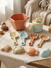 10Pcs Kids Water & Beach Toy Set – Orange Hexagon Sand Bucket, Light Blue Watering Can, 2 Shovels, Brown Rake, Beige Sieve, 4 Sand Molds, Durable Plastic Summer Splash & Sand Play Kit, Ideal Birthday/Holiday/Summer Gift For Beach/Pool Fun - Watermelon Pink - View 3