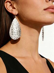1 Pair Women's Fashion Minimalist Versatile Oversized Geometric Round Mesh Metallic Pendant Earrings - Silver Water Droplets - View 3