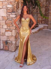 Robe de soirée élégante dorée avec décolleté en cœur, plissée, brodée à la main avec perles et baleines, taille haute, fente dos, lacée avec traîne, pour fête, rendez-vous et mariage - Doré - Voir 7